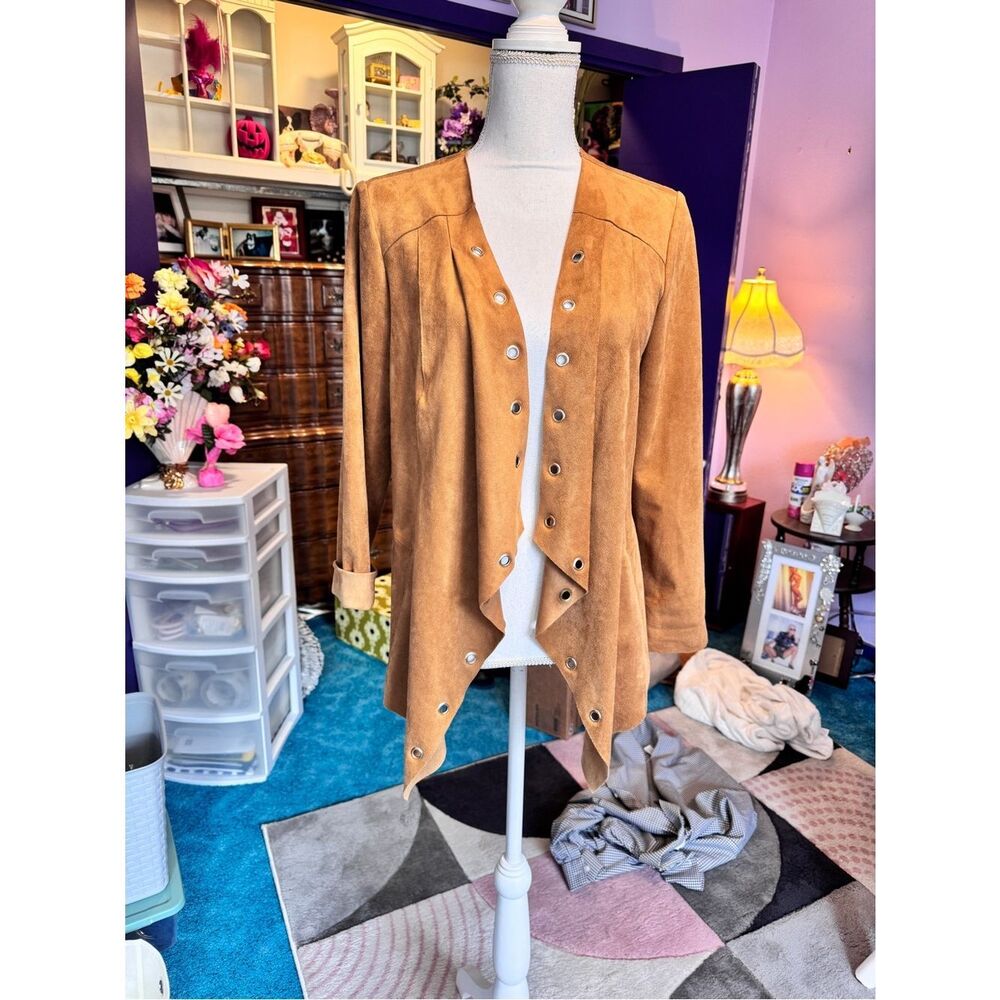 Chico's Tan Faux Suede Grommet Trim Open Drape Cardigan - Picture 4 of 7